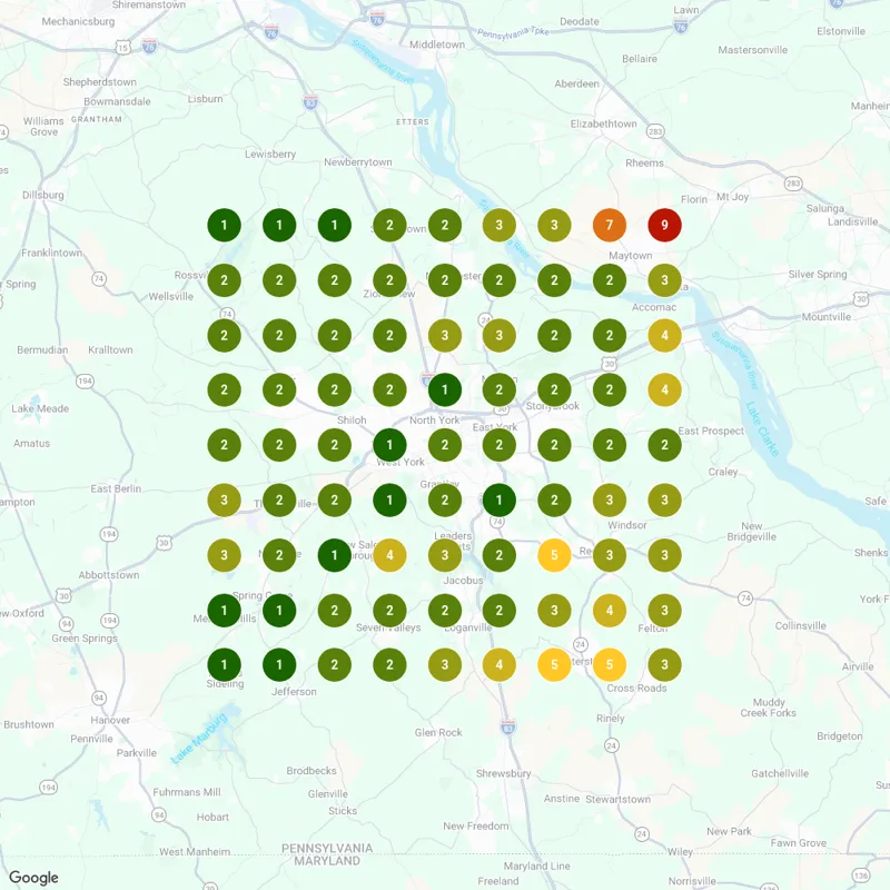 Optimal Health York map grid: Google Maps searches for online psychiatrist · 81 spots across 9 miles around York, PA · Oct 15, 2026