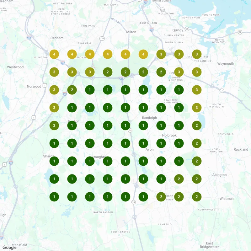 Resant map grid: Google Maps searches for detached ADU · 81 spots across 5 miles around Stoughton, MA · Oct 4, 2026