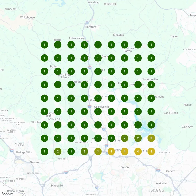SafeMedTrans map grid: Google Maps searches for dialysis transportation · 81 spots across 5 miles around Hunt Valley, MD · Oct 15, 2026